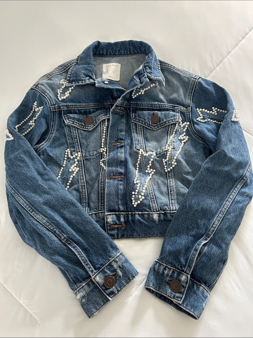 Sandro Blue Denim Jacket with Pearl Lightning Accents